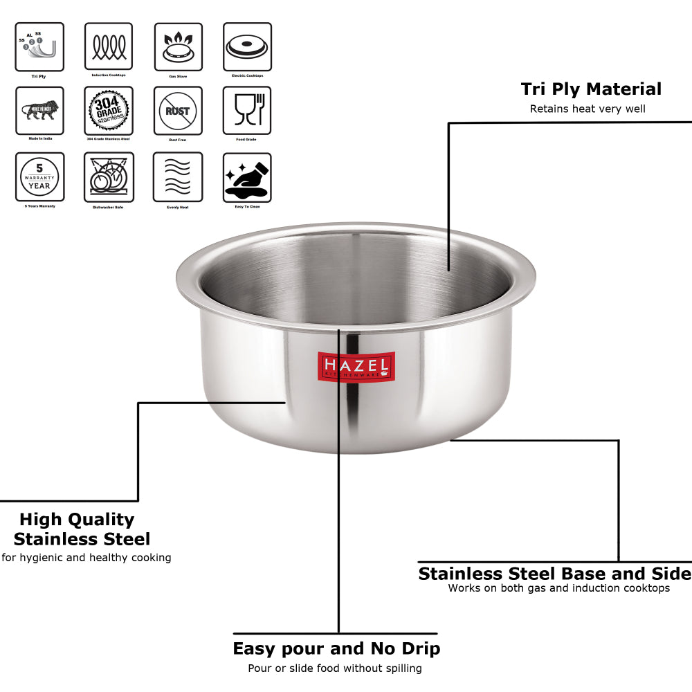 Triply Stainless Steel Induction Bottom Tope and Tope With Handle, 3.6 L, 20.5 cm