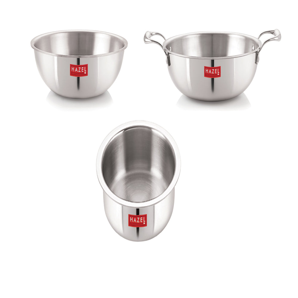Triply Stainless Steel Induction Bottom Kadhai and Tasra - 1.2 L, Tope 2.3 L ( Set of 3)