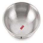 Top-down interior view of a deep triply steel bowl on a white background.