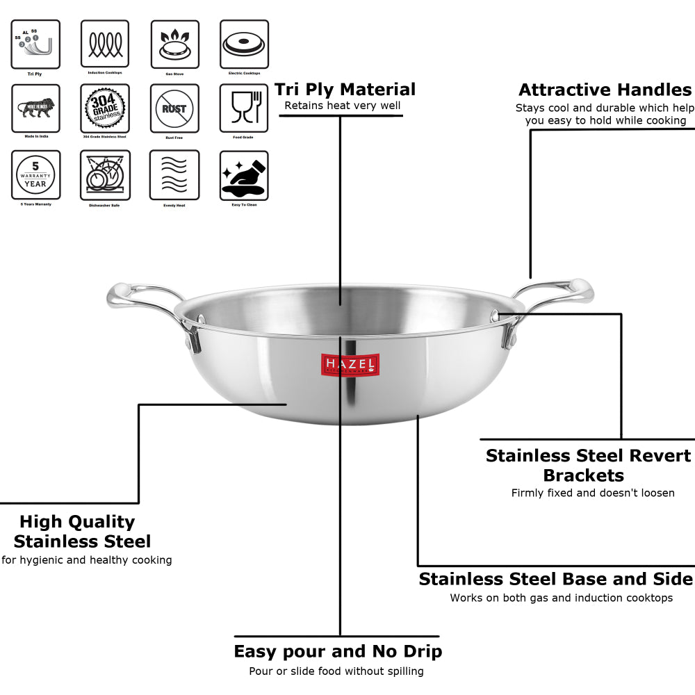 Kadhai surrounded by feature callouts and icons describing triply material, handles and induction base.