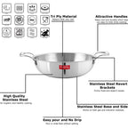 Kadhai surrounded by feature callouts and icons describing triply material, handles and induction base.