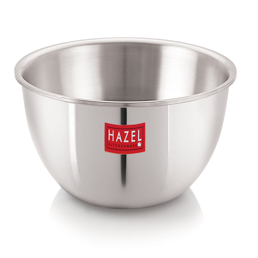 Single deep triply steel bowl shown from the side on a white background.