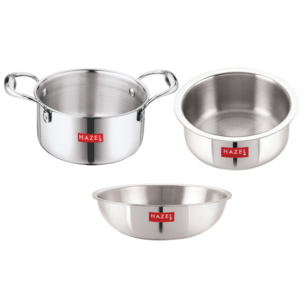 Triply Stainless Steel Tope and Patila With Handle - 4.6 L, Tasra 2 L | Induction Botton ( Set of 3)