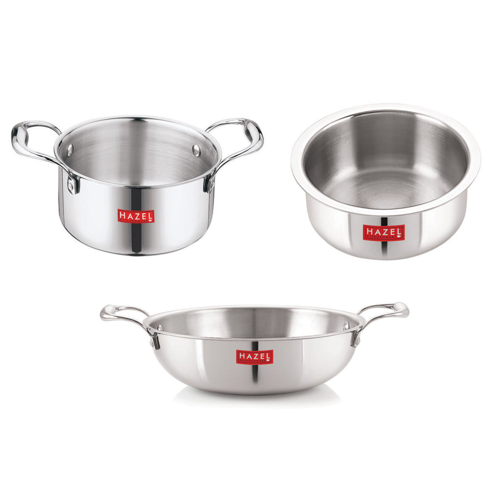 Triply Stainless Steel Induction Bottom Tope, Patila With Handle - 4.6 L and Kadhai 2 L (Set of 3)