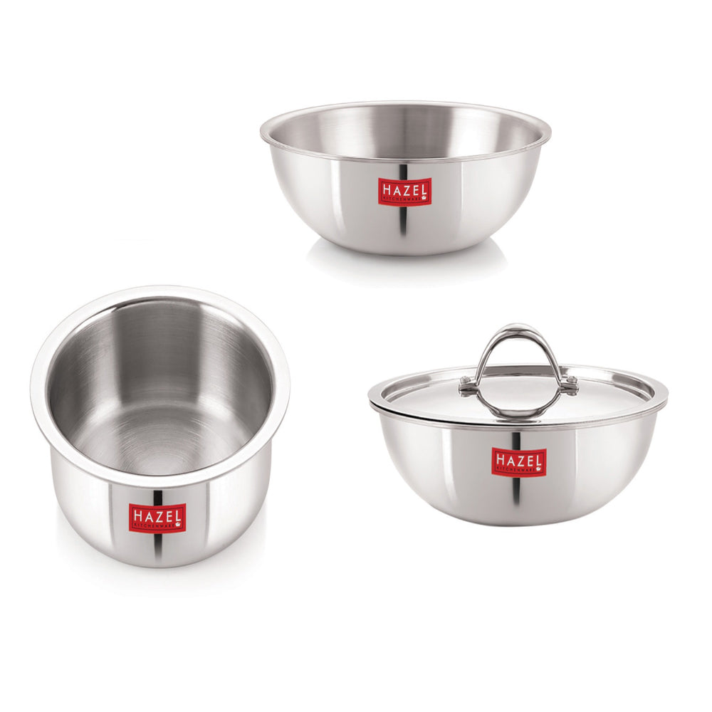 Triply Stainless Steel Induction Bottom Tope 4.6 L, Kadhai and Tasra 2 L With Steel Lid ( Set of 3)