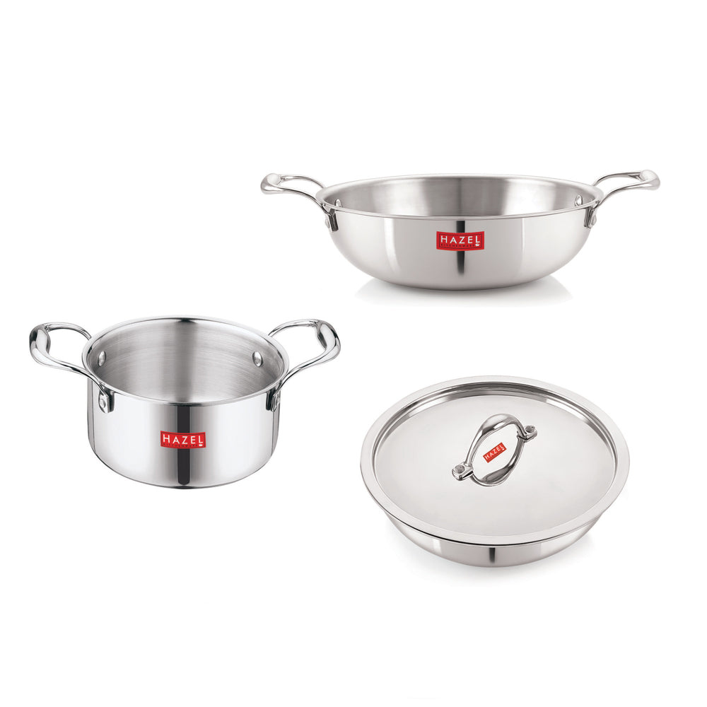 Triply Stainless Steel Induction Bottom Tope With Handle 4.6 L, Kadhai and Tasra 2 L With Steel Lid ( Set of 3)