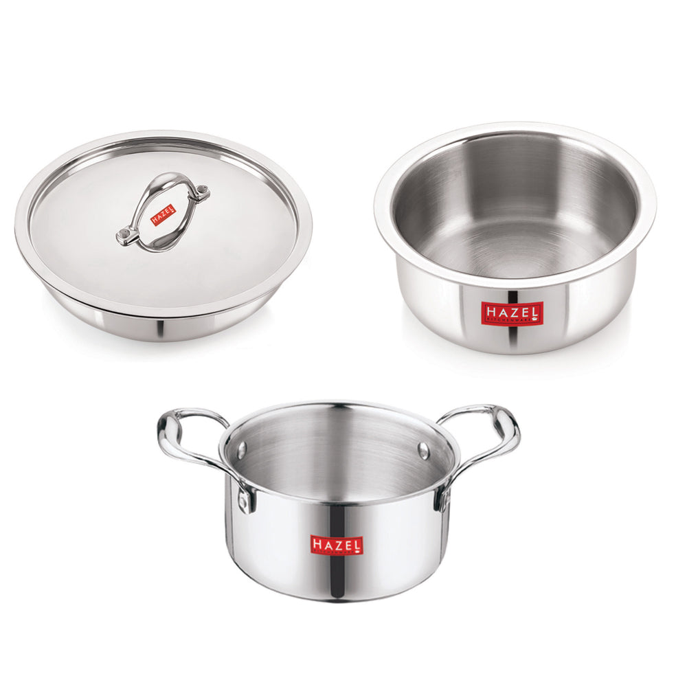 Triply Stainless Steel Induction Bottom Tope, Patila With Handle - 3.6 L, Tasra 1.5 L With Steel Lid ( Set of 3)