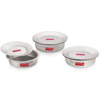 Set of three hammered aluminium patilas with lids, nested and staggered, shown on white background.