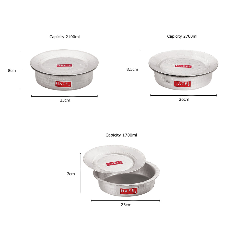Three patilas of different capacities (1700ML, 2100ML, 2700ML) annotated with height and diameter measurements.