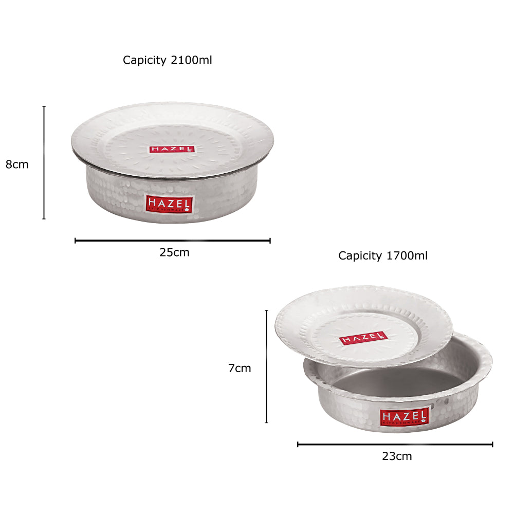 Two patilas with lids shown separately with capacity and dimension callouts (2100ML/25cm and 1700ML/23cm).
