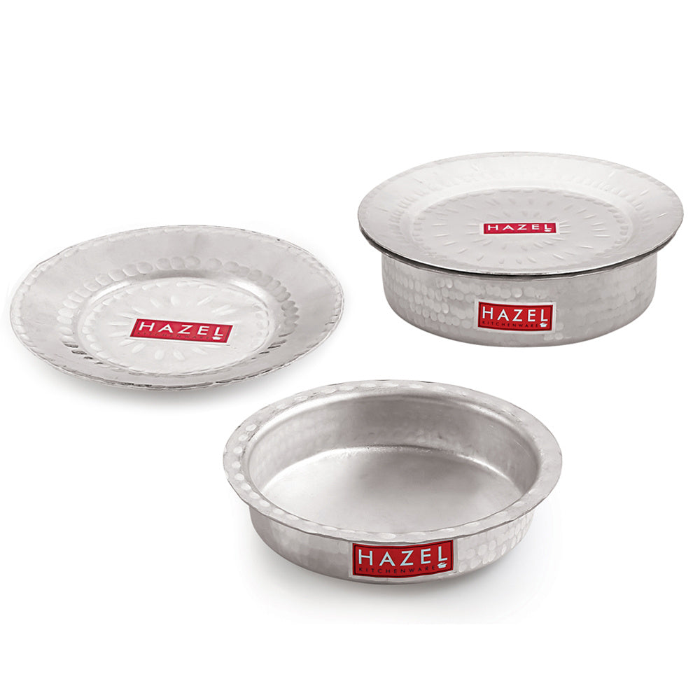 Two hammered aluminium pots (one with lid on) and a lid shown separately on a plain white background.