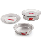 Two hammered aluminium pots (one with lid on) and a lid shown separately on a plain white background.