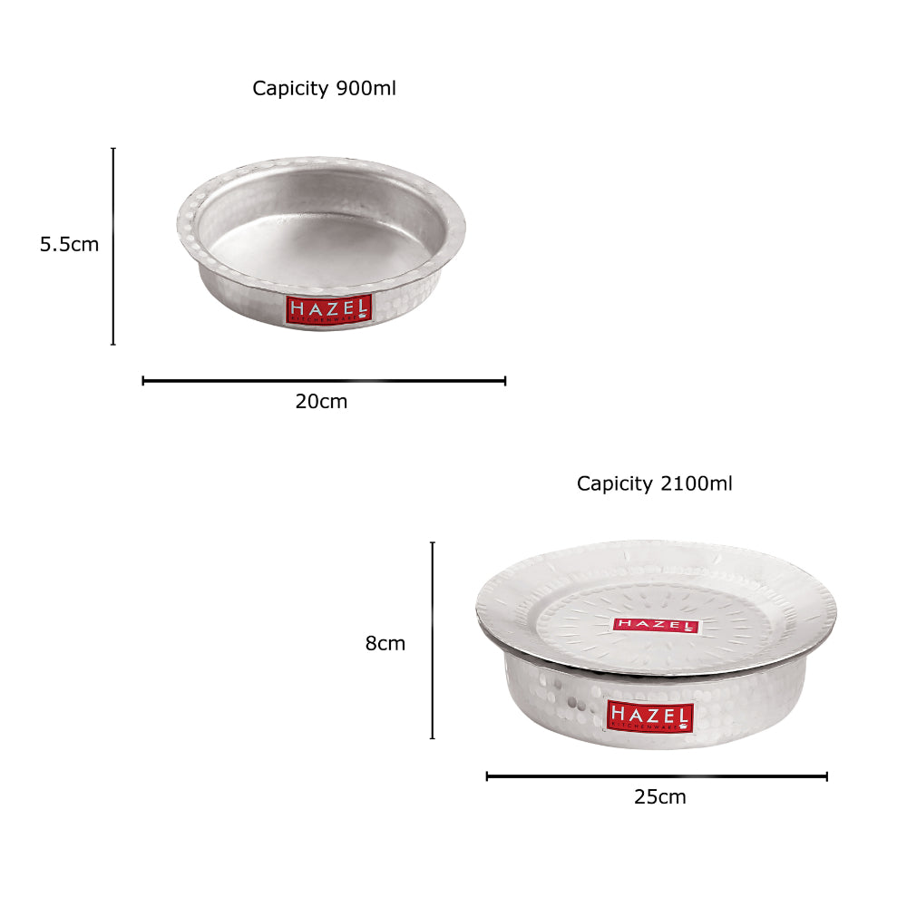 Two hammered steel pots with 900 ml and 2100 ml capacities and dimension callouts.