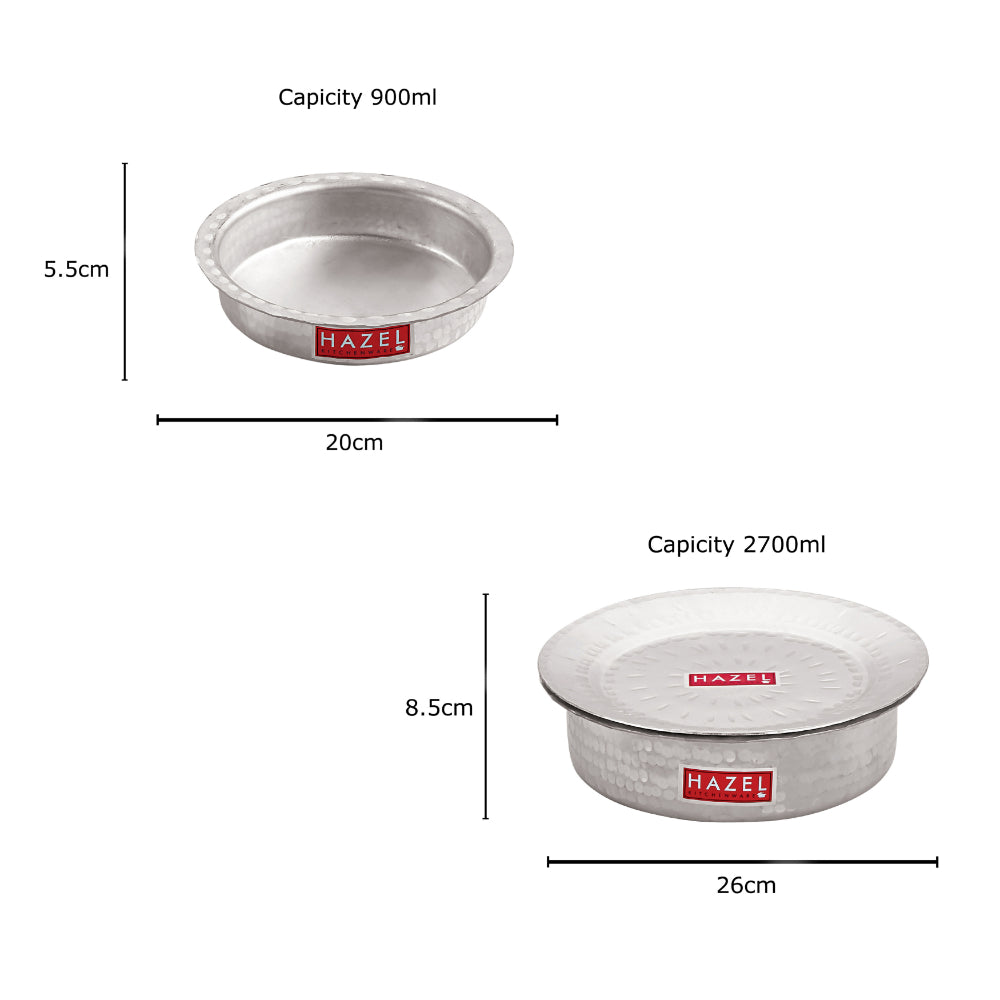 Two patilas annotated with dimensions 900 ml at 5.5 cm by 20 cm and 2700 ml at 8.5 cm by 26 cm.