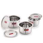Stainless Steel Induction Tope (1100, 1500, 2000 ML) with Lid (16.8, 18.8, 20 cm) - Set of 3 shown on a plain background