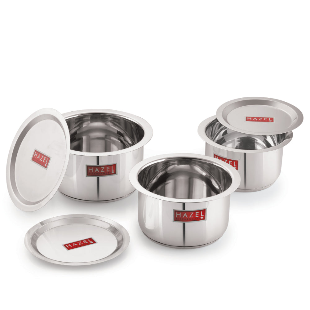 Stainless Steel Induction Tope (1100, 1500, 2000 ML) with Lid (16.8, 18.8, 20 cm) - Set of 3 shown on a plain background