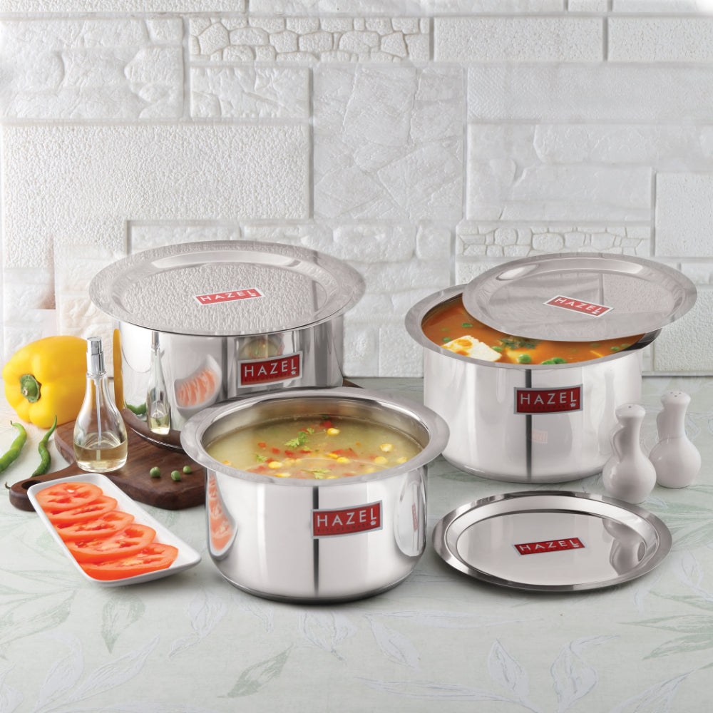 Stainless Steel Induction Tope (1100, 1500, 2000 ML) with Lid (16.8, 18.8, 20 cm) - Set of 3