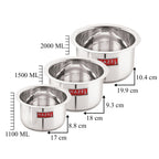 Stainless Steel Induction Tope (1100, 1500, 2000 ML) with Lid (16.8, 18.8, 20 cm) - Set with product details and measurements