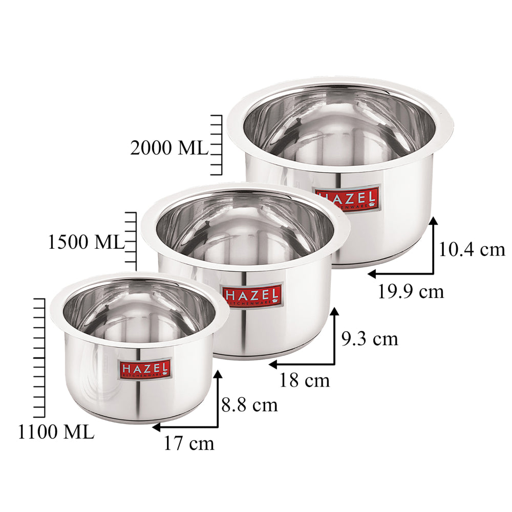 Stainless Steel Induction Tope (1100, 1500, 2000 ML) with Lid (16.8, 18.8, 20 cm) - Set with product details and measurements