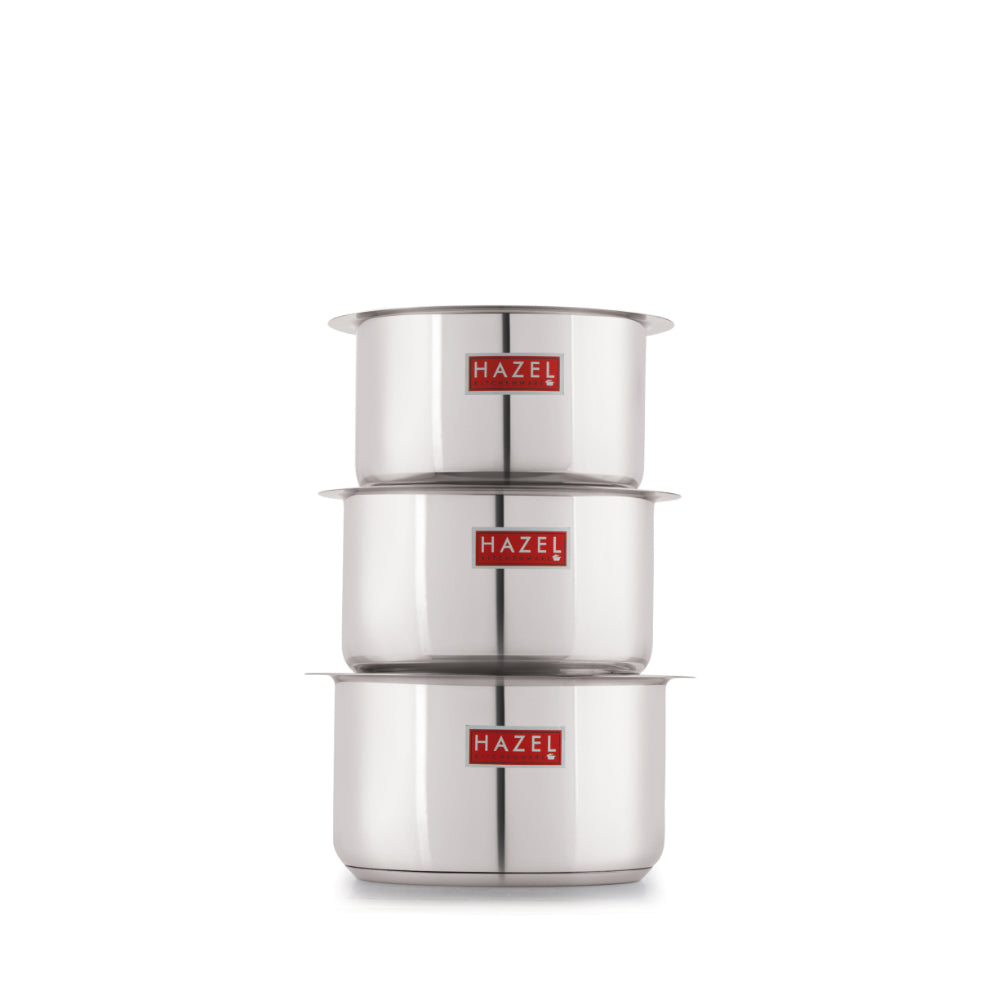 Stainless Steel Induction Tope (1100, 1500, 2000 ML) with Lid (16.8, 18.8, 20 cm) - Set of 3 shown from a close product angle