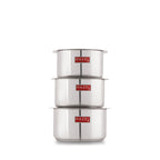 Stainless Steel Induction Tope (1100, 1500, 2000 ML) with Lid (16.8, 18.8, 20 cm) - Set of 3 shown from a close product angle