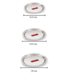 Three steel lids shown separately with 16.8, 18.8 and 20 cm size labels.