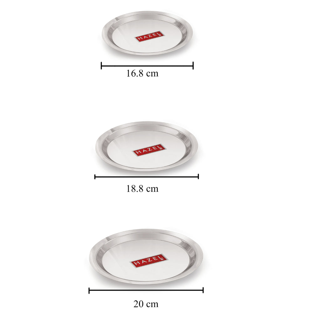 Three steel lids shown separately with 16.8, 18.8 and 20 cm size labels.