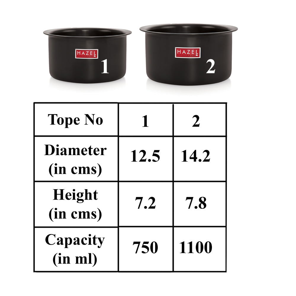 Aluminium Hard Anodised Tope with Lid ( 2 Topes & 2 Lids), 750, 1100 ML