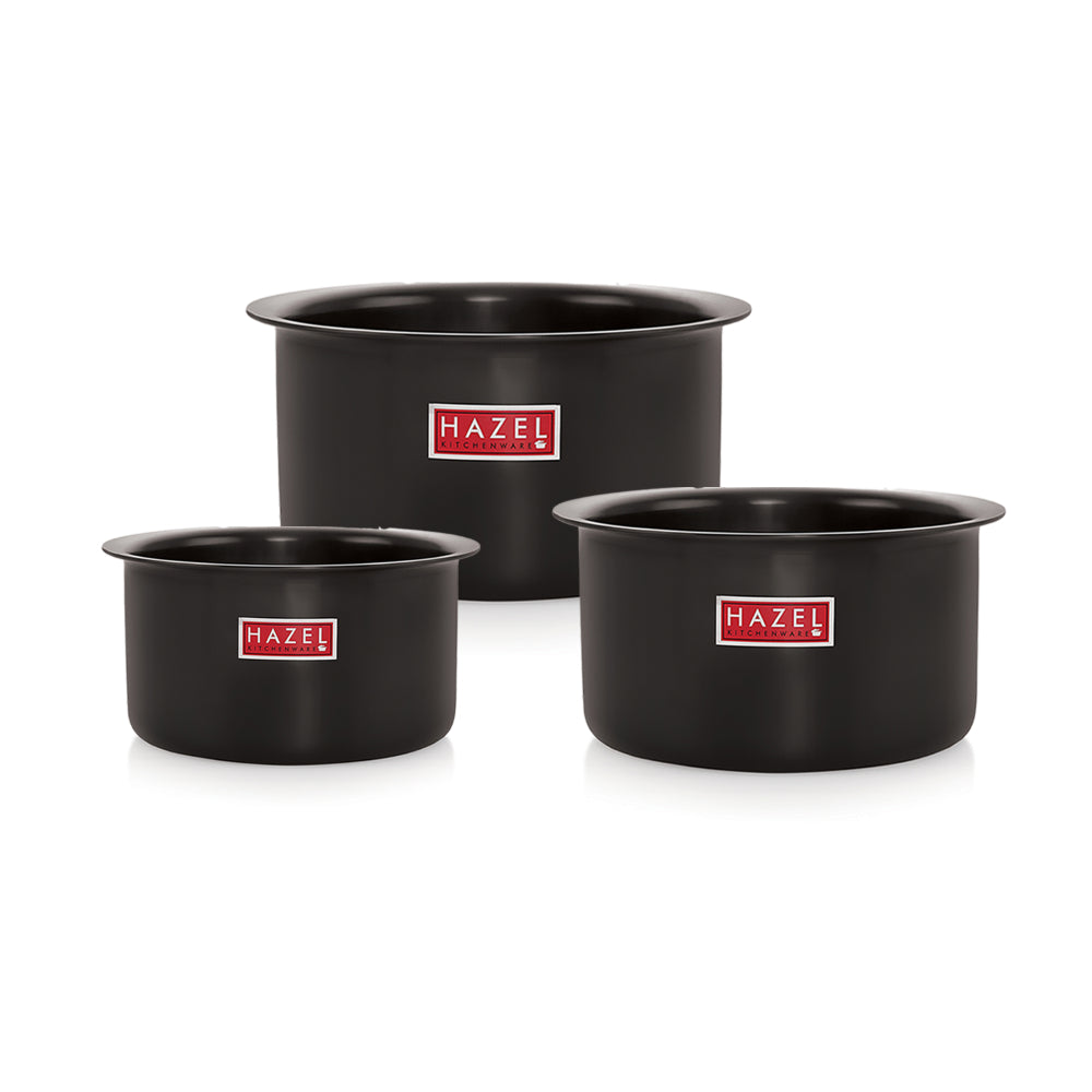 Aluminium Hard Anodised Tope, Set of 3 (750 ML, 1100ML, 1500ML), Black