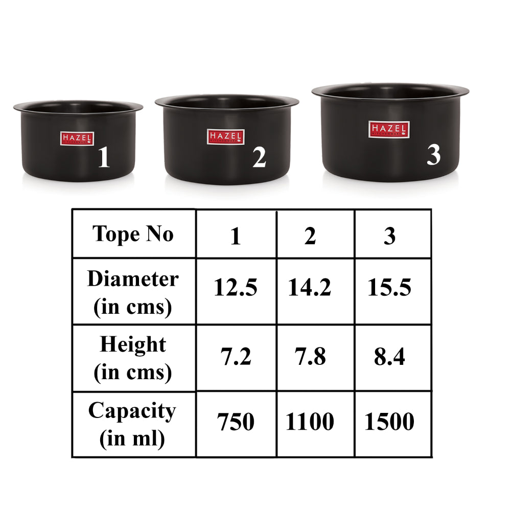 Aluminium Hard Anodised Tope, Set of 3 (750 ML, 1100ML, 1500ML), Black