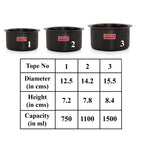 Aluminium Hard Anodised Tope, Set of 3 (750 ML, 1100ML, 1500ML), Black
