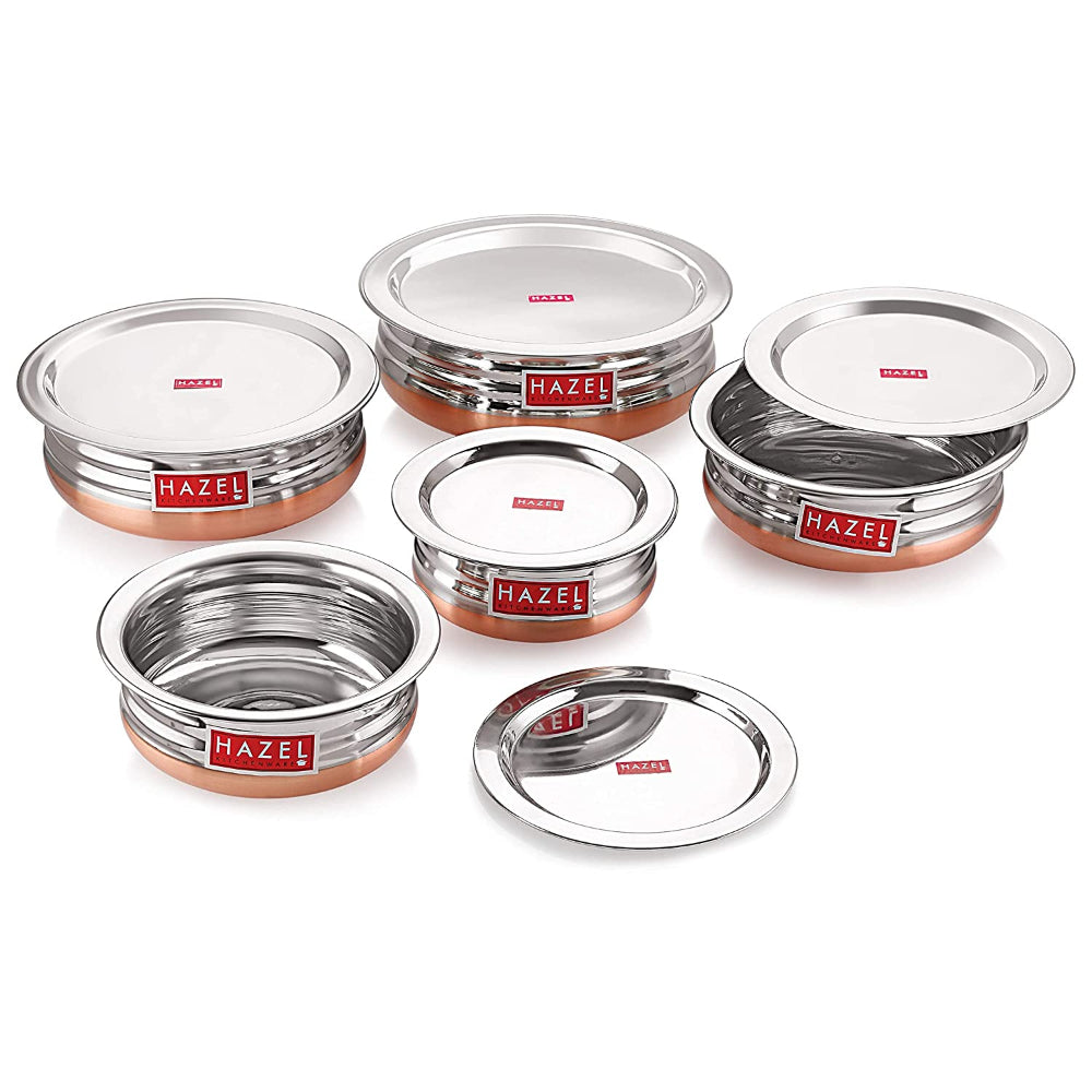 Copper Bottom Steel Urli/Handi Set with Lid – Set of 5 ( 600, 900, 1200, 1500, 1800)