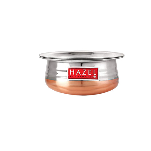 Copper-bottom steel urli with fitted lid shown front-on on a plain white background.