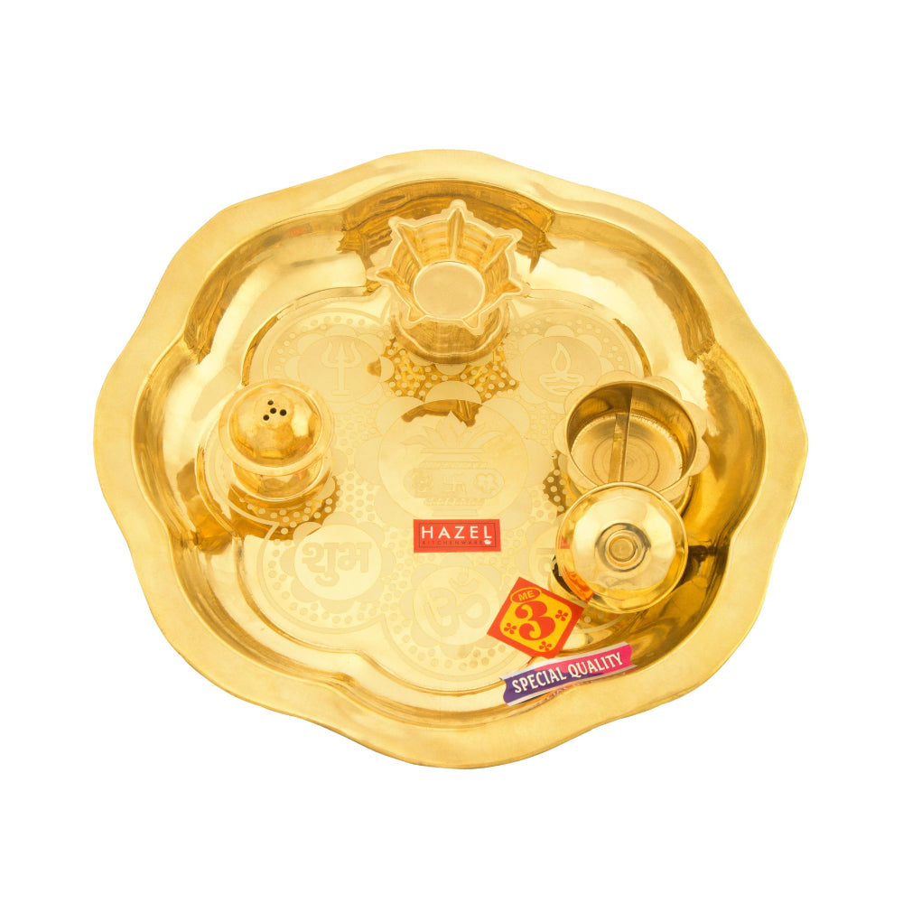 Brass Puja Thali With Diya And Sindur Katori, 23.5cm