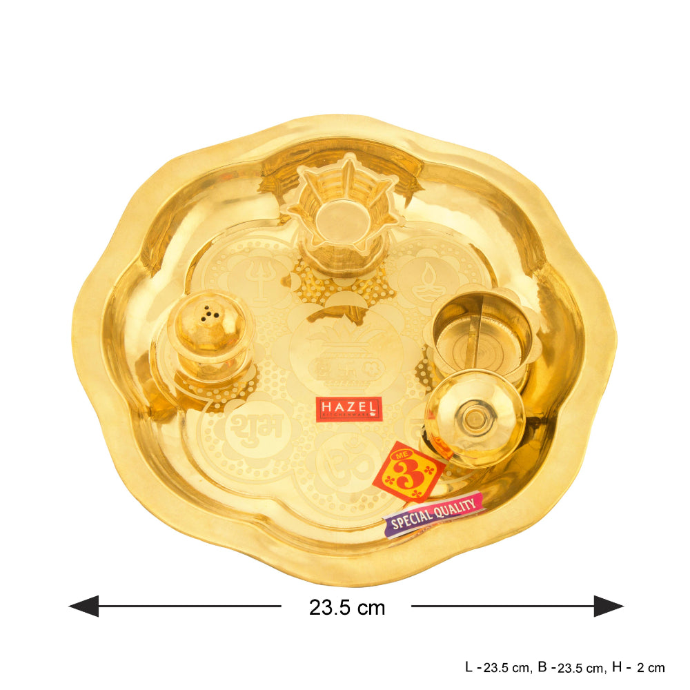 Brass Puja Thali With Diya And Sindur Katori, 23.5cm