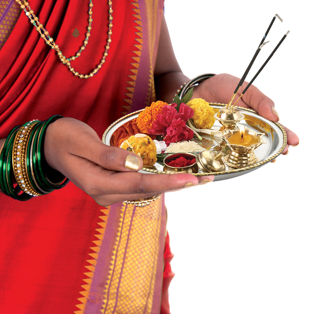 Stainless Steel Pooja Aarti Thali Set With Diva, 22cm