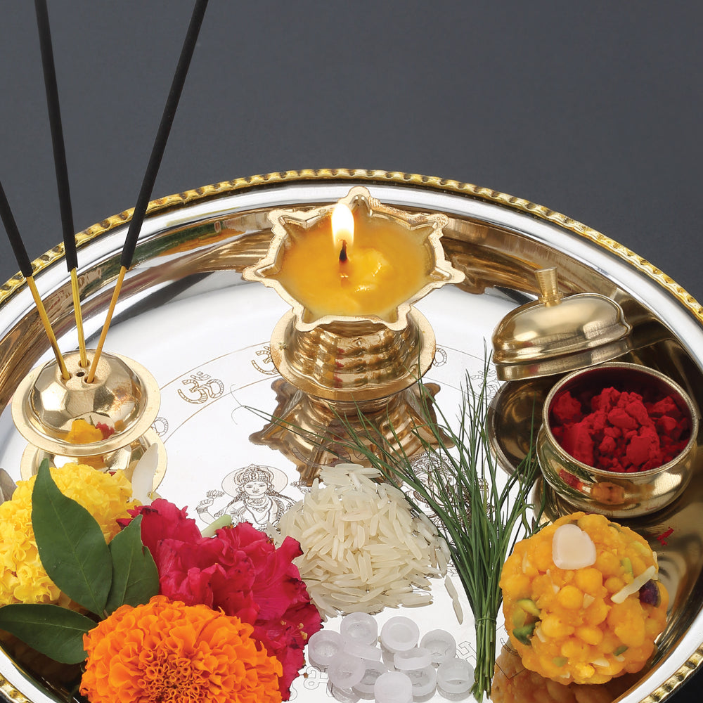 Stainless Steel Pooja Aarti Thali Set With Diva, 22cm