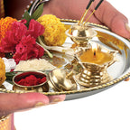 Stainless Steel Pooja Aarti Thali Set With Diva, 22cm
