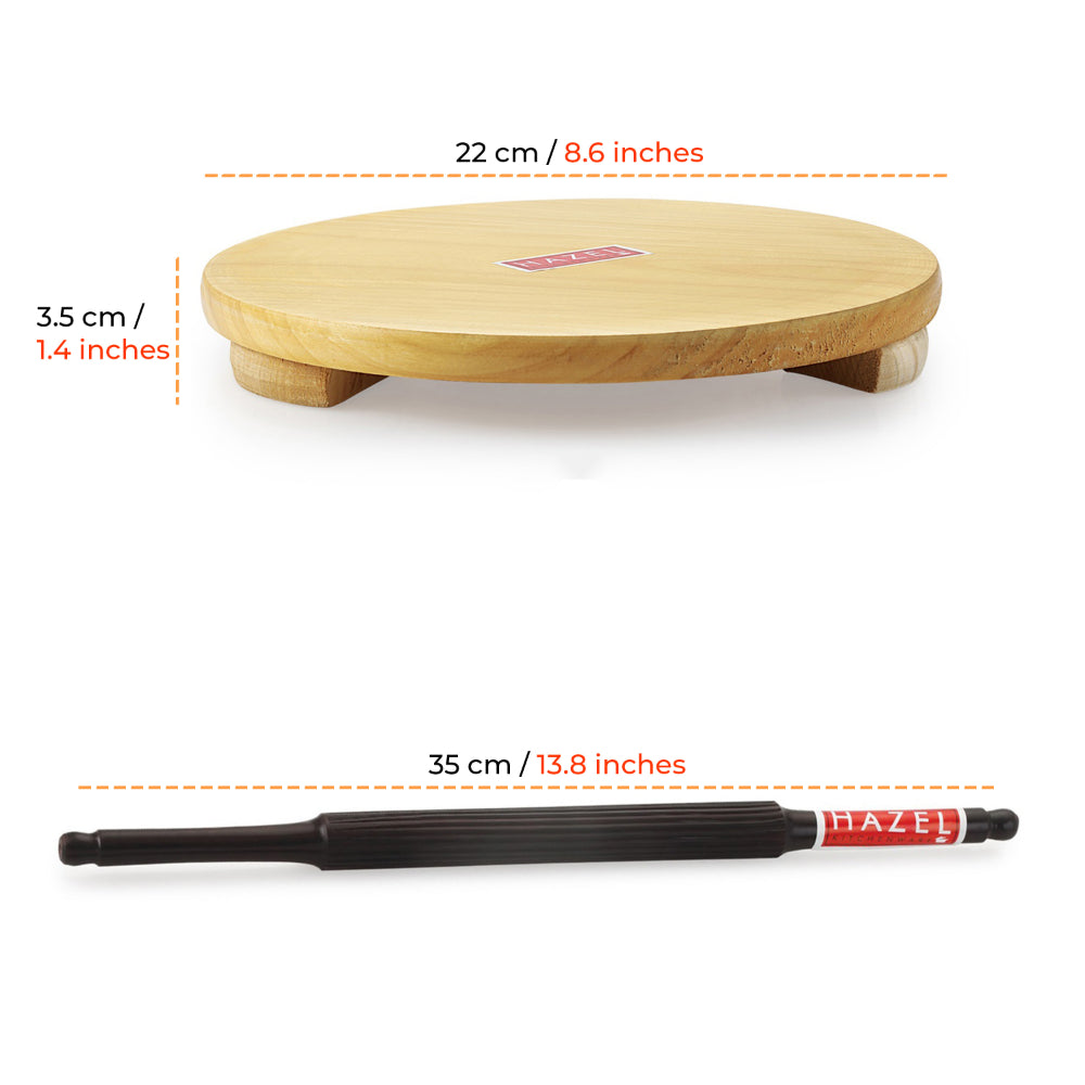 Chakla and belan annotated with 22 cm width, 3.5 cm height and 35 cm belan length.