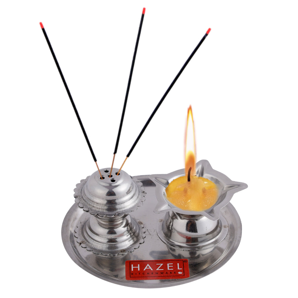 Stainless Steel Diya with Agarbatti Stand – 9 × 4 cm