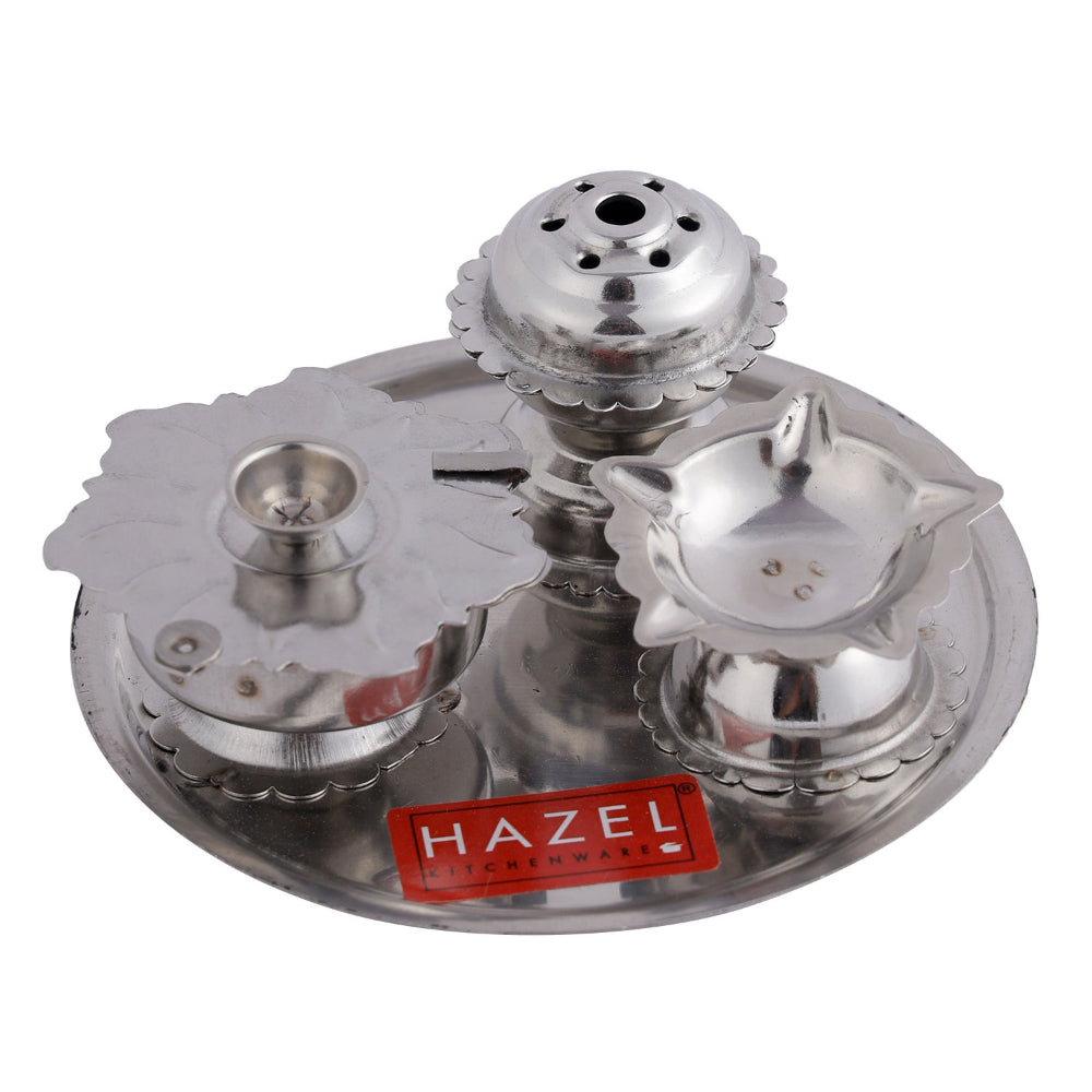 Stainless Steel Diya with Agarbatti Stand & Kumkum Box – 10 × 4.5 cm