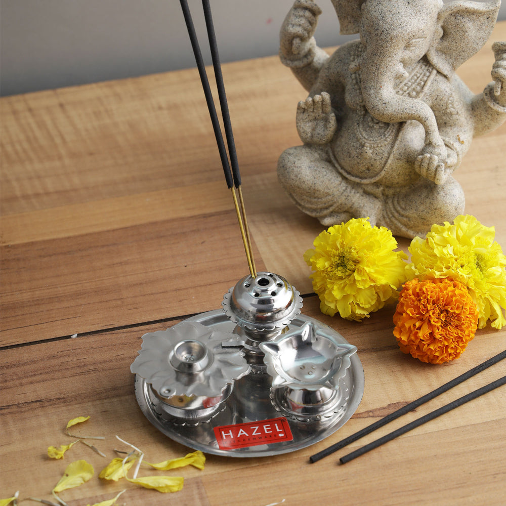 Stainless Steel Diya with Agarbatti Stand & Kumkum Box – 10 × 4.5 cm