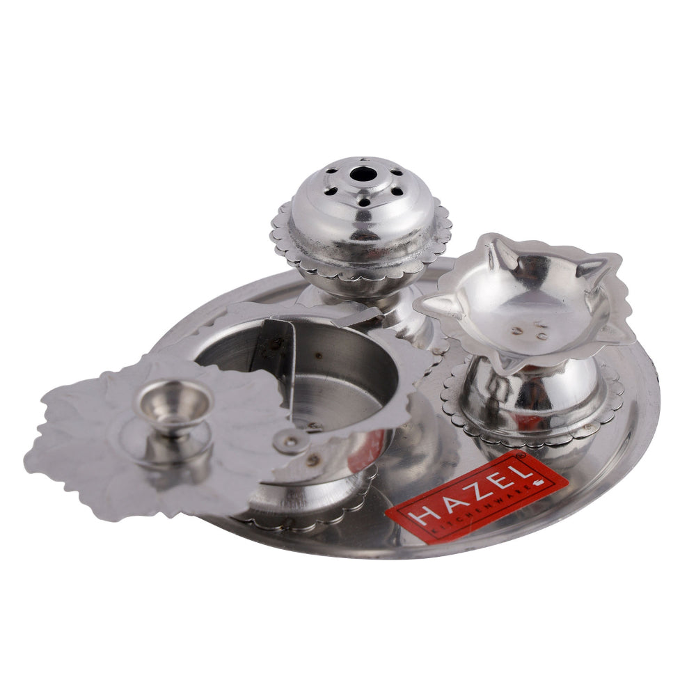 Stainless Steel Diya with Agarbatti Stand & Kumkum Box – 10 × 4.5 cm