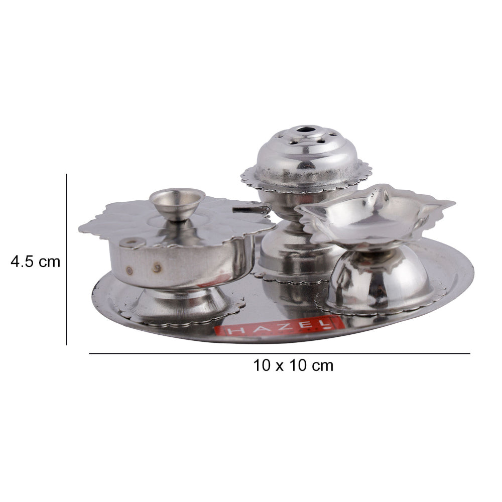 Stainless Steel Diya with Agarbatti Stand & Kumkum Box – 10 × 4.5 cm