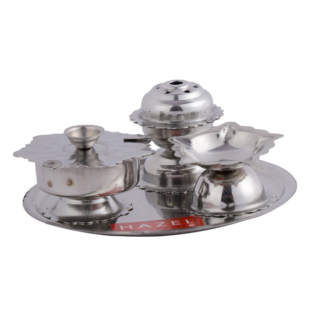 Stainless Steel Diya with Agarbatti Stand & Kumkum Box – 10 × 4.5 cm