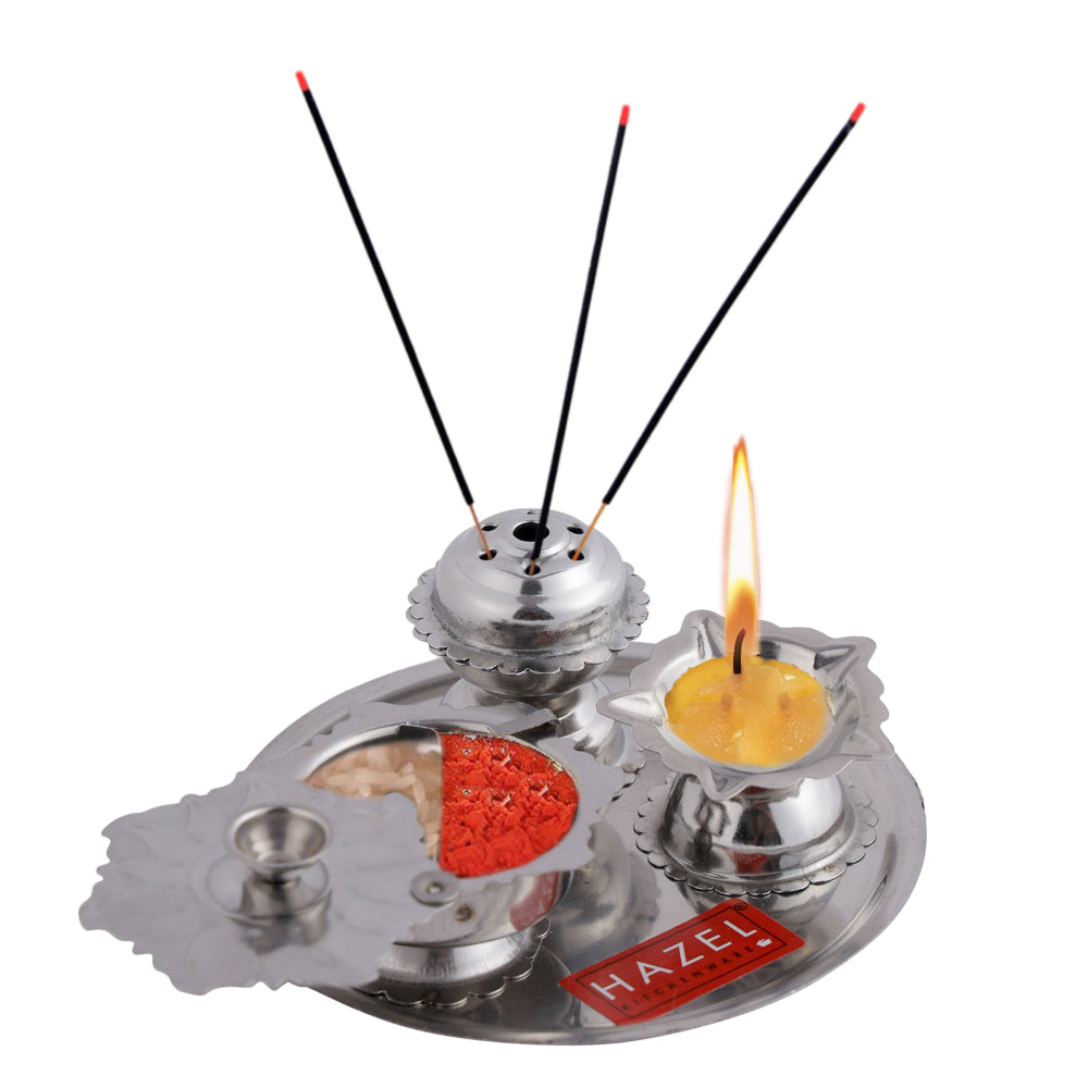 Stainless Steel Diya with Agarbatti Stand & Kumkum Box – 10 × 4.5 cm