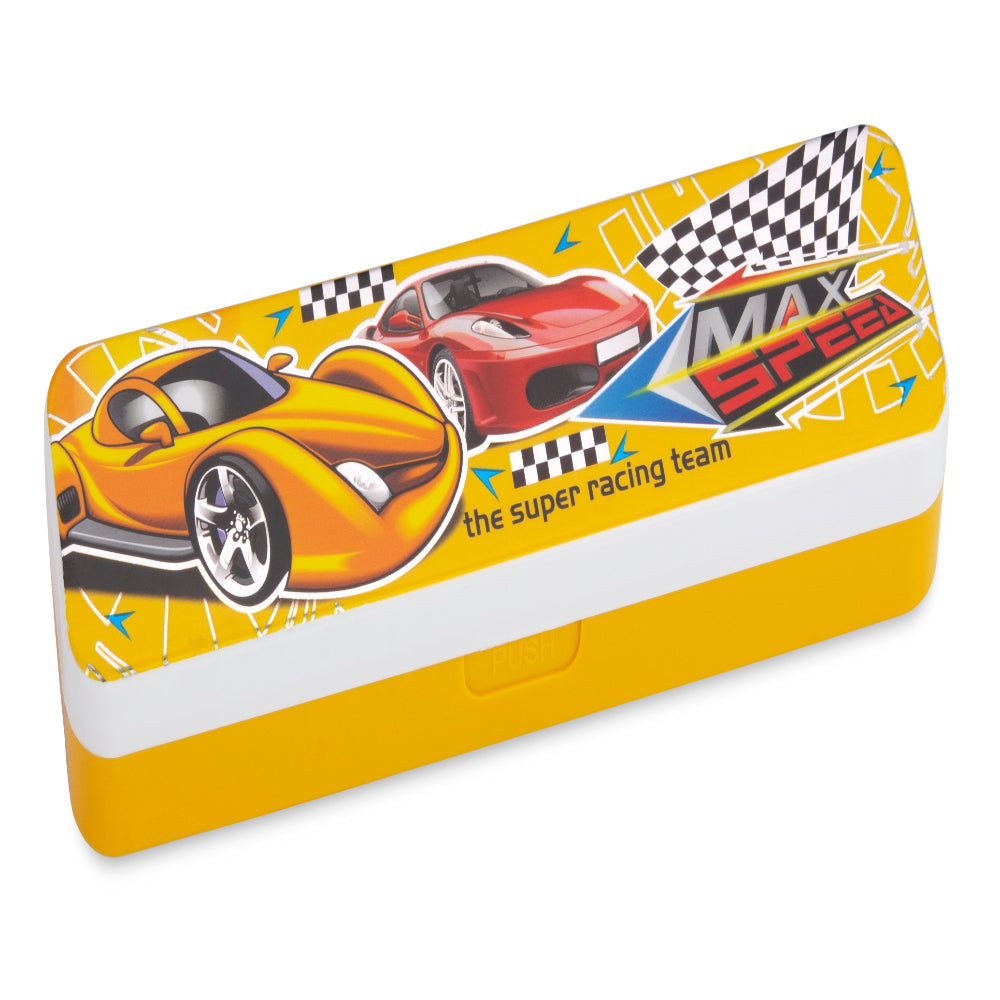 Closed pencil box shown from above with a printed race car and 'Max Speed' graphic on the lid, plain white background.