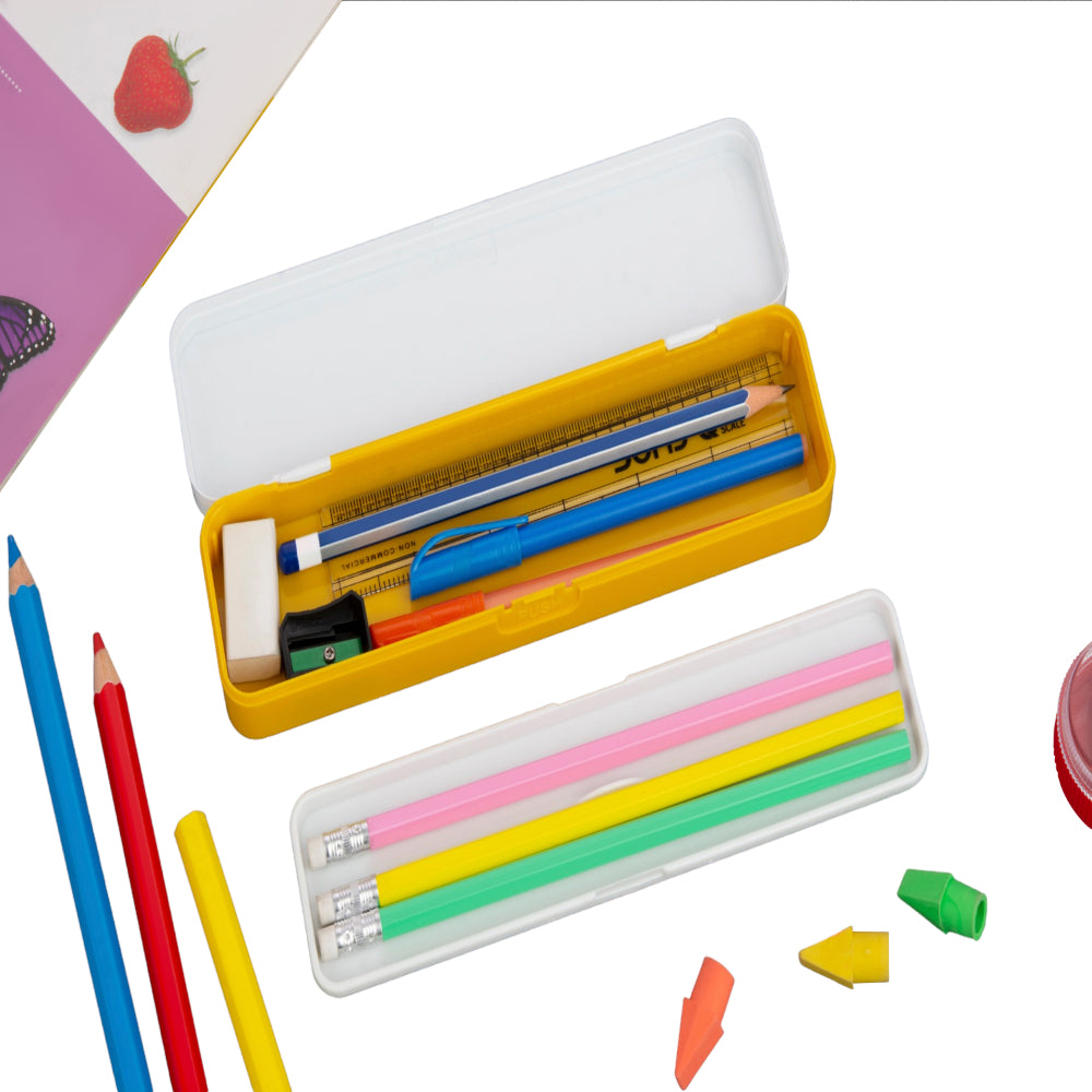 Open pencil box with pencils, an eraser and a pen inside, next to a separate slim pencil case with colored.