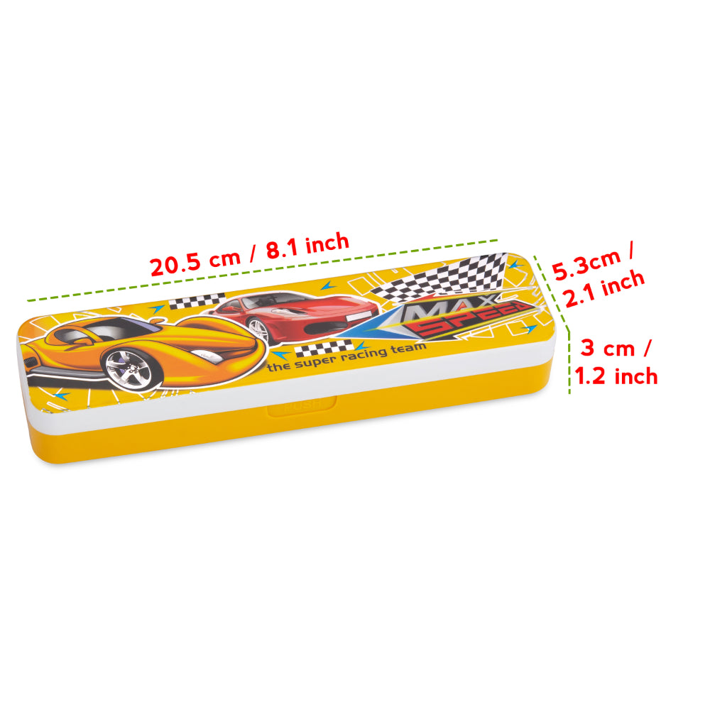 Pencil box annotated with dimensions of 20.5 cm length, 5.3 cm width and 3 cm height.