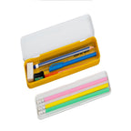 Front view of open pencil box with pencils, an eraser and a pen inside, next to a separate slim pencil case.